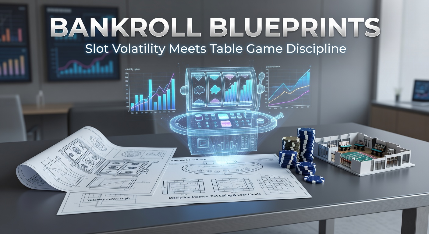 Casino player analyzing slot machine volatility charts alongside a blackjack table strategy card, illustrating the blend of high-risk slots and disciplined table play