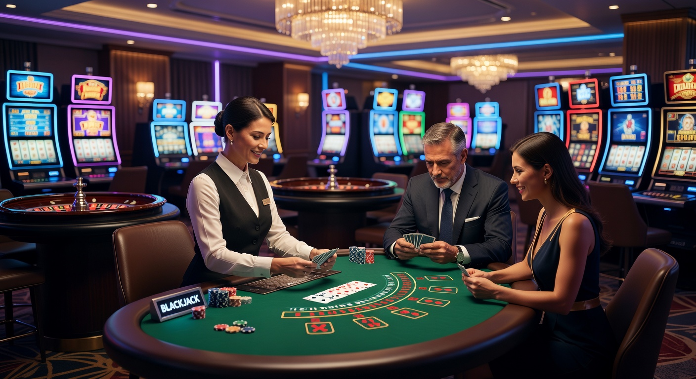 Vibrant casino floor with roulette wheels spinning and players at blackjack tables under colorful lights