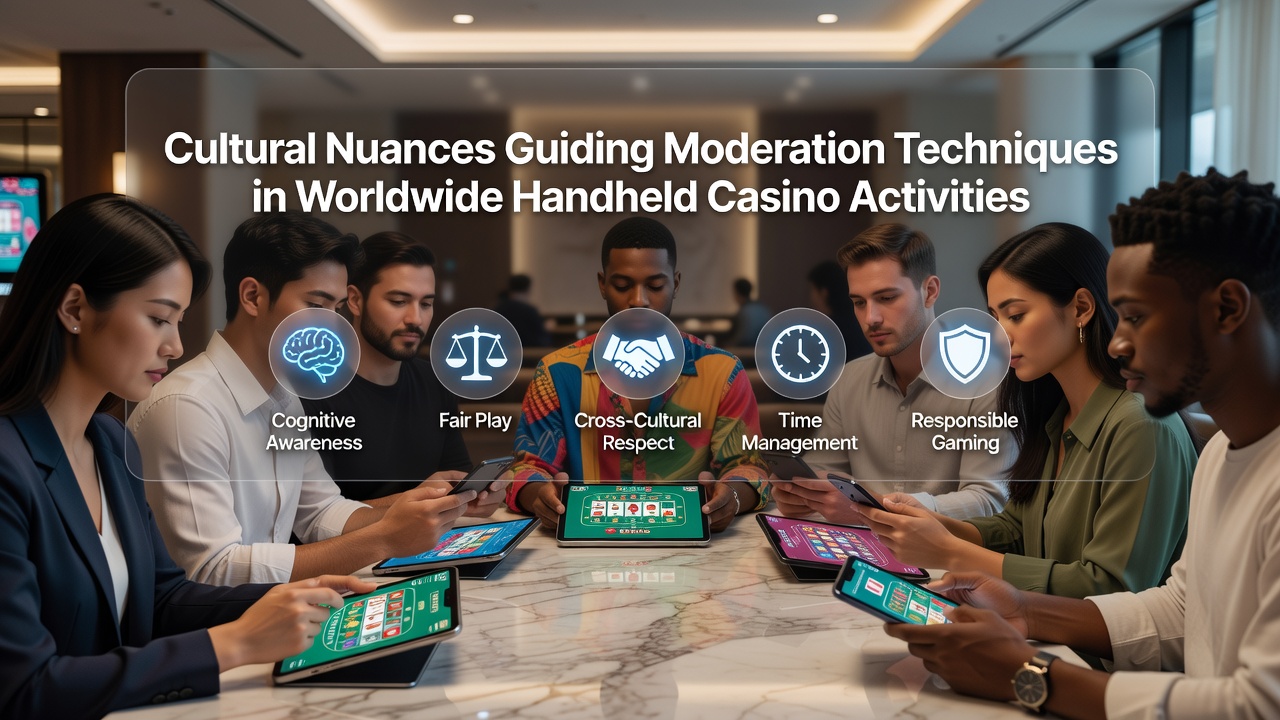Diverse group of people using mobile devices for casino games in various cultural settings around the world