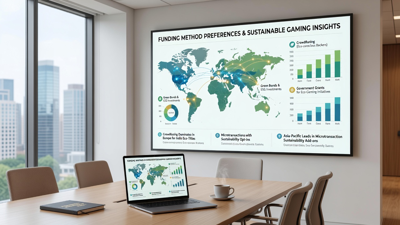 Infographic displaying payment icons alongside charts of player behavior metrics and regional statistics