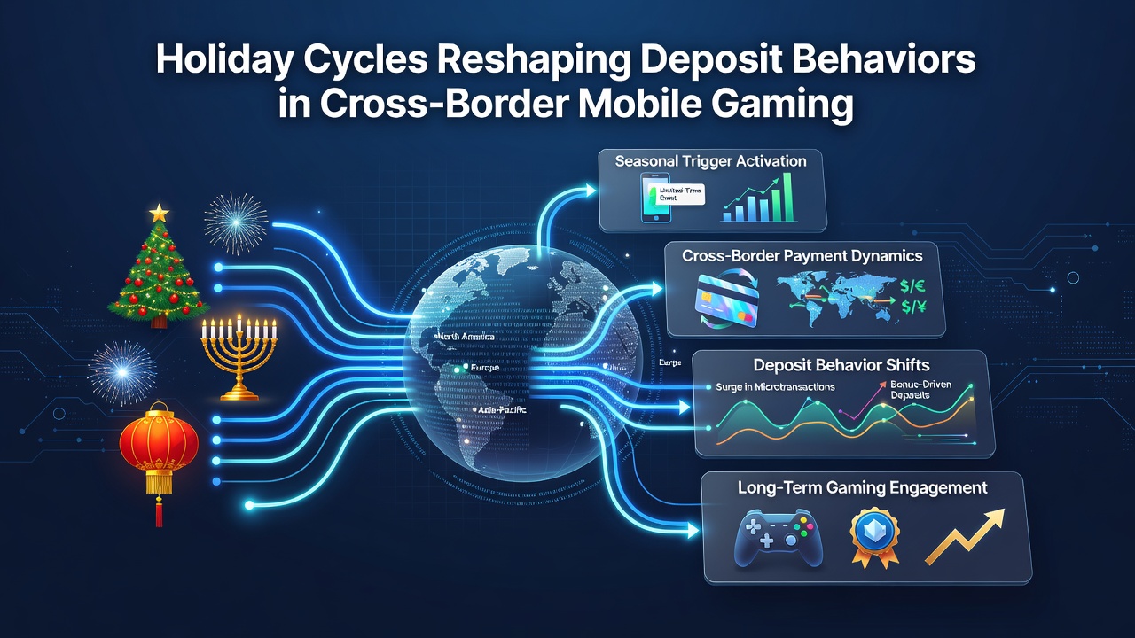 Global map highlighting mobile gaming deposit flows between different countries during seasonal holiday periods