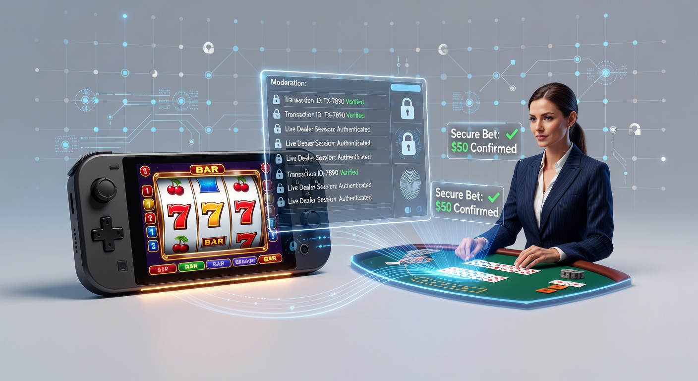 Mobile device displaying secure transaction interface alongside reel-based slot game and live dealer feed