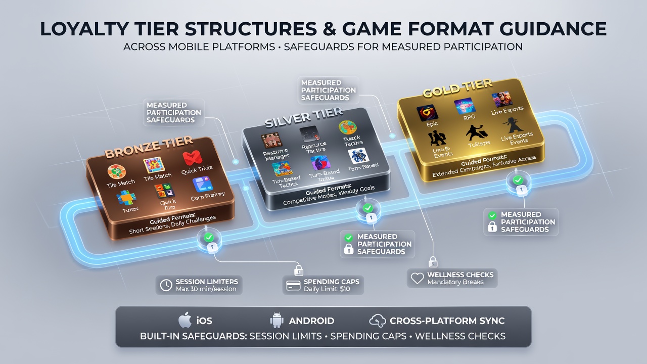 Mobile app interface displaying loyalty tier progression and game format options with participation limit indicators
