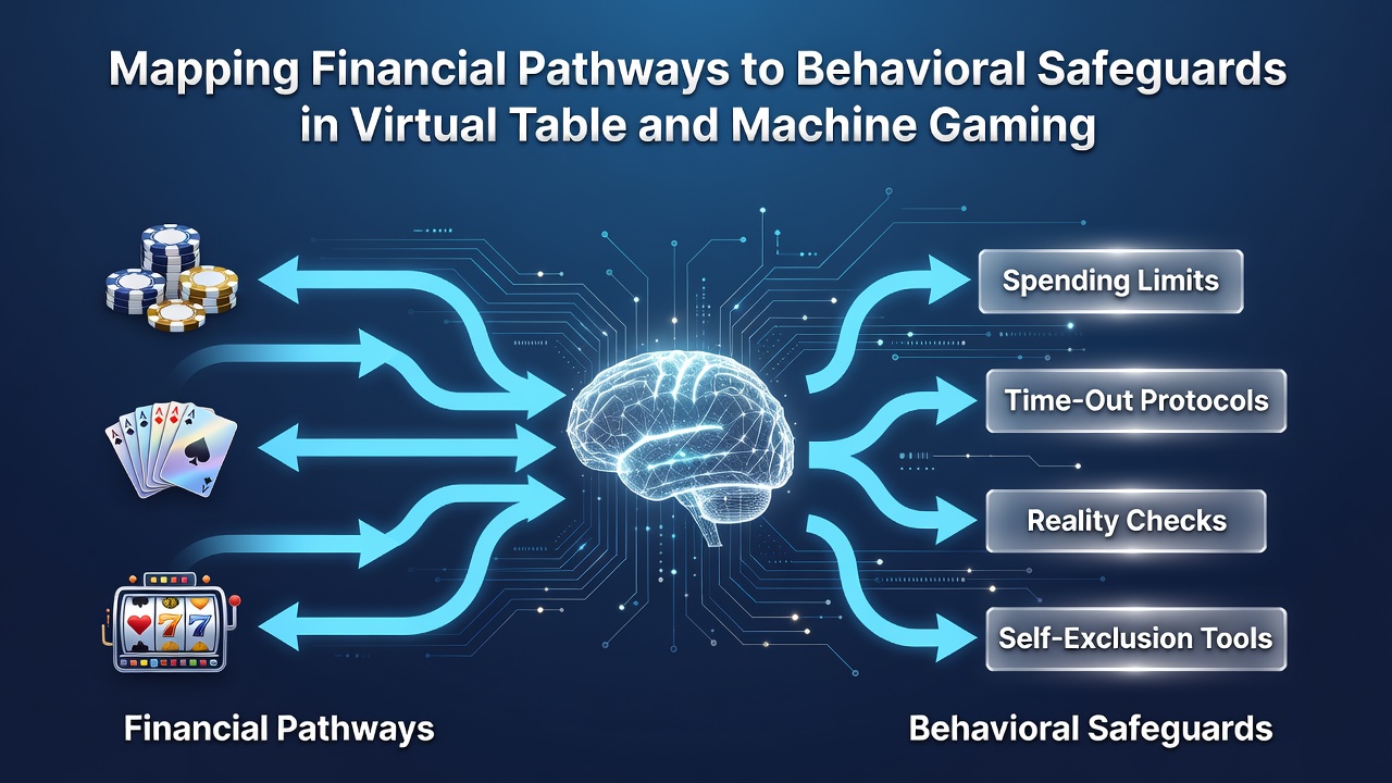 Infographic illustrating links between funding choices and behavioral control tools in online slots and table games