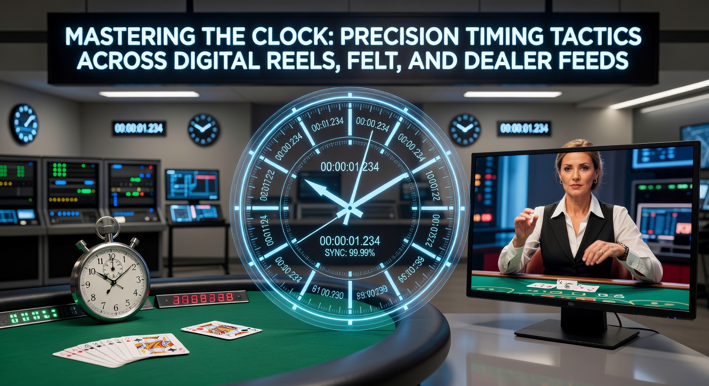 Digital casino interface showing slot reels spinning alongside a live blackjack table and dealer stream, highlighting timing elements like clocks and session trackers