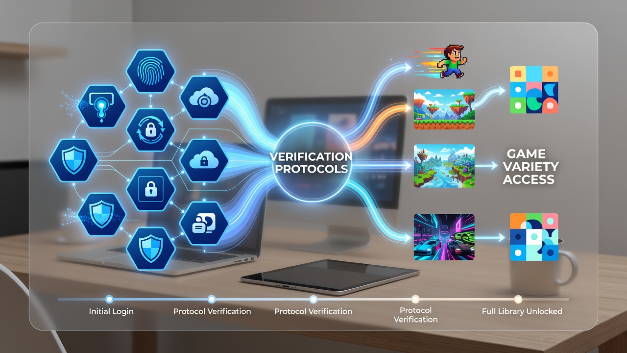 Portable gaming setup showing verification checkpoints connected to expanded game libraries on tablet and smartphone screens
