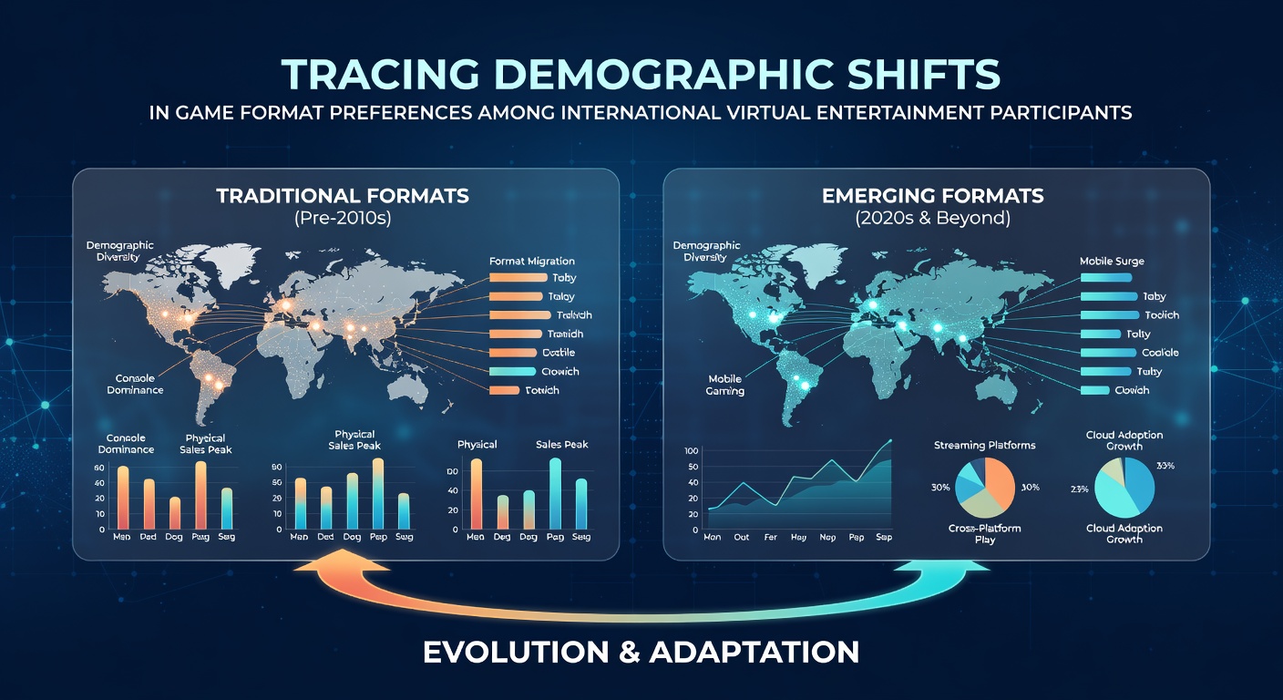 Global map overlay showing demographic trends in virtual entertainment preferences across continents